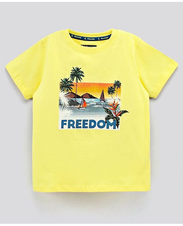 Pine Kids Half Sleeves T-Shirt Beach Print - Yellow