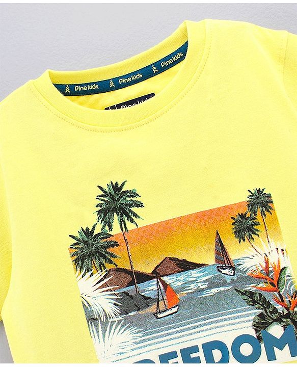 Pine Kids Half Sleeves T-Shirt Beach Print - Yellow