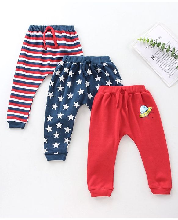 Babyhug Full Length Diaper Pants Striped and Printed Pack of 3 - Multicolor