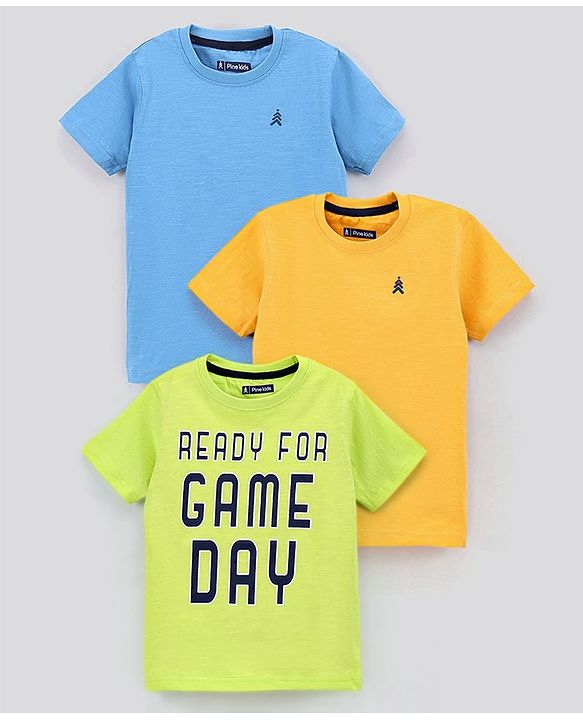 Pine Kids Half Sleeves Biowashed Solid And Printed Cotton TShirt Pack Of 3 - Multicolour
