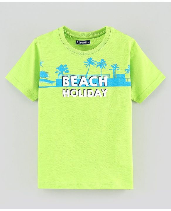 Pine Kids Half Sleeves Cotton Biowashed T-Shirt Beach Holiday Print - Green