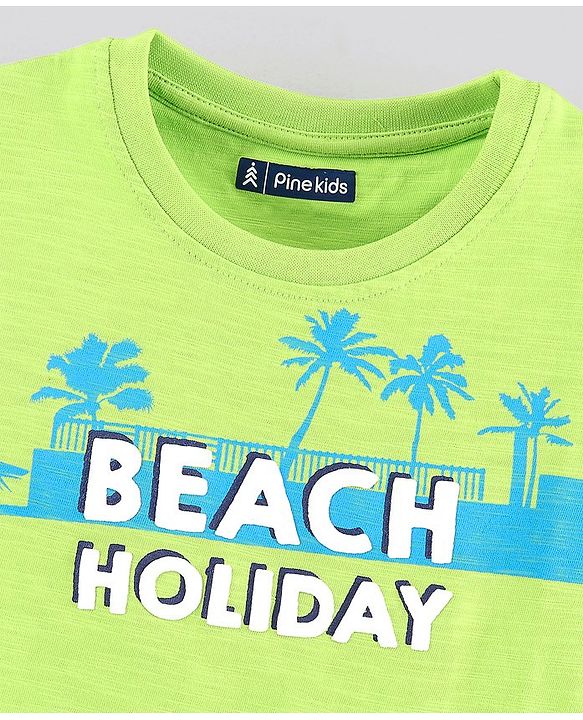 Pine Kids Half Sleeves Cotton Biowashed T-Shirt Beach Holiday Print - Green