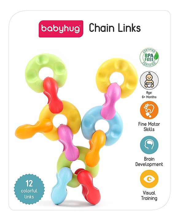 Babyhug Premium 12 pcs Chain Links Interlocking, Educational and Construction Colorful Toy| Improves Creativity And Helps Develop Hand Eye Coordination| Pre-School Toy| BIS Certified| 18 Months+
