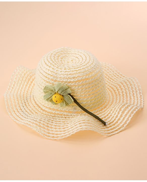 Babyhug Straw Hat With Flower Applique - Offwhite