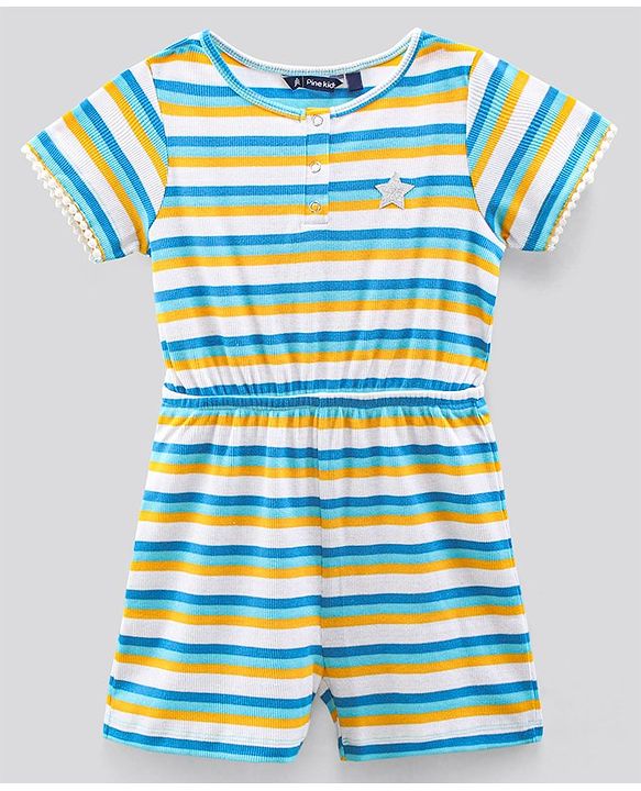 Pine Kids Half Sleeves Striped Biowash Jumpsuit - Multicolor