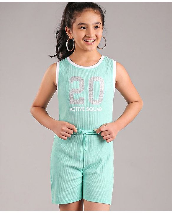 Pine Kids Sleeveless Jumpsuit with Glitter Print - Aqua
