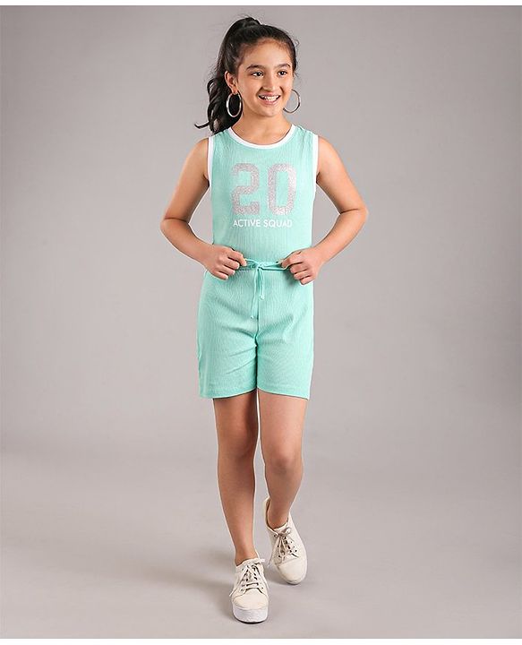 Pine Kids Sleeveless Jumpsuit with Glitter Print - Aqua