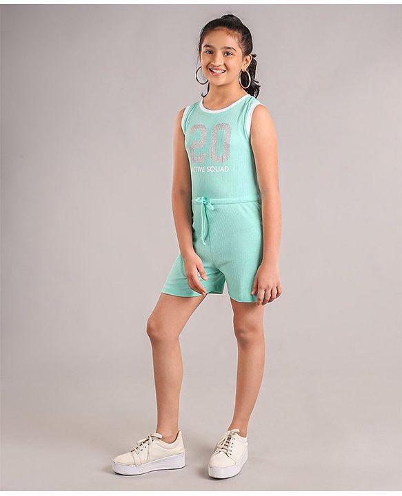 Pine Kids Sleeveless Jumpsuit with Glitter Print - Aqua