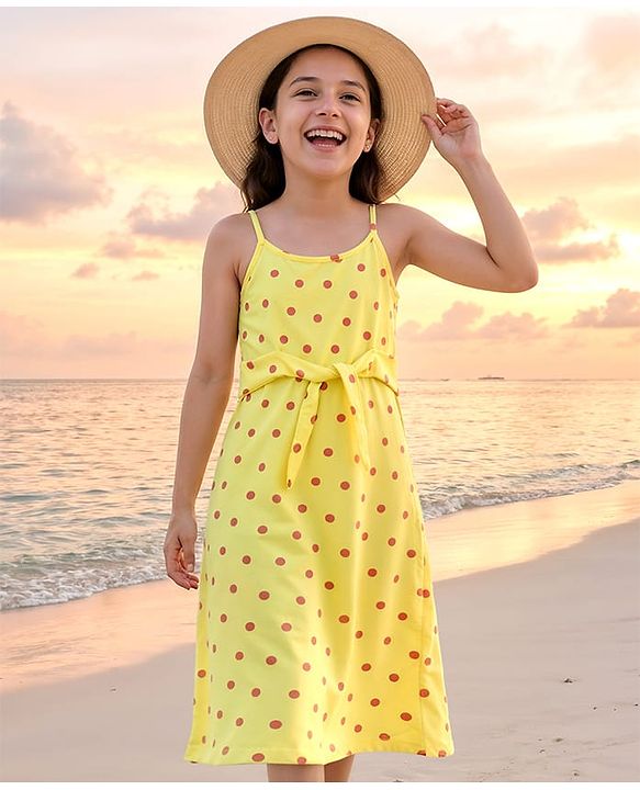 Pine Kids Singlet Sleeves Biowashed Dress Polka Print - Yellow
