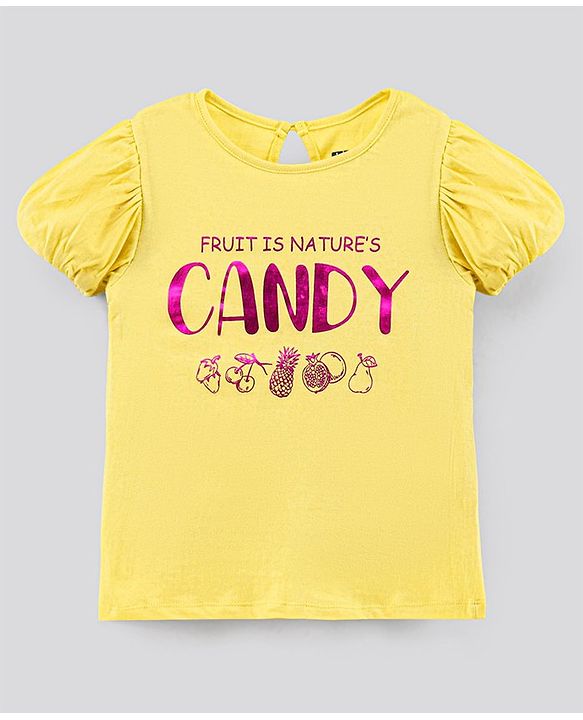 Pine Kids Puffed Sleeves Bio Wash Top Foil Print - Yellow