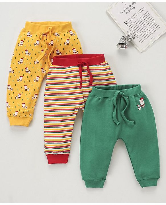Babyhug Knit Full Length Santa Claus & Striped Diaper Pants Pack Of 3 - Multicolour