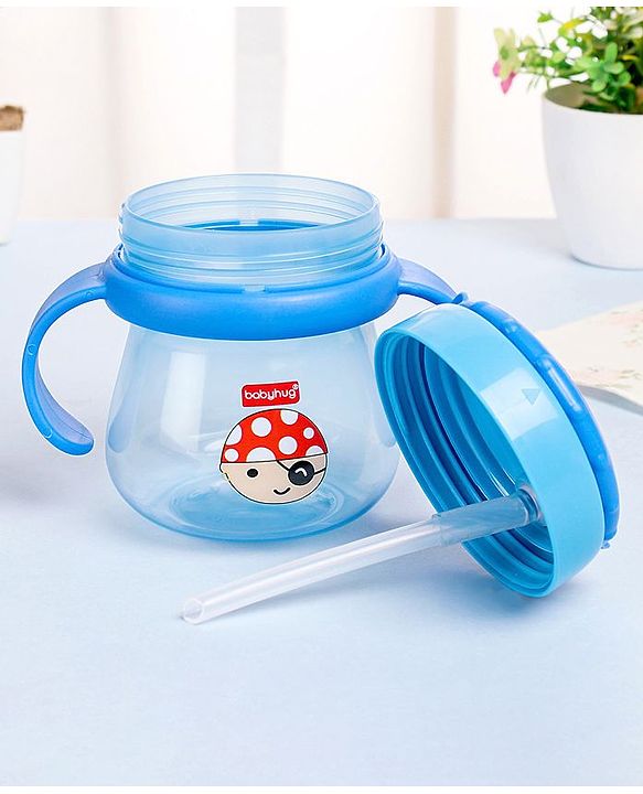 Babyhug Swipey Straw Sipper With Handle Pirate Print  Blue - 250 ml