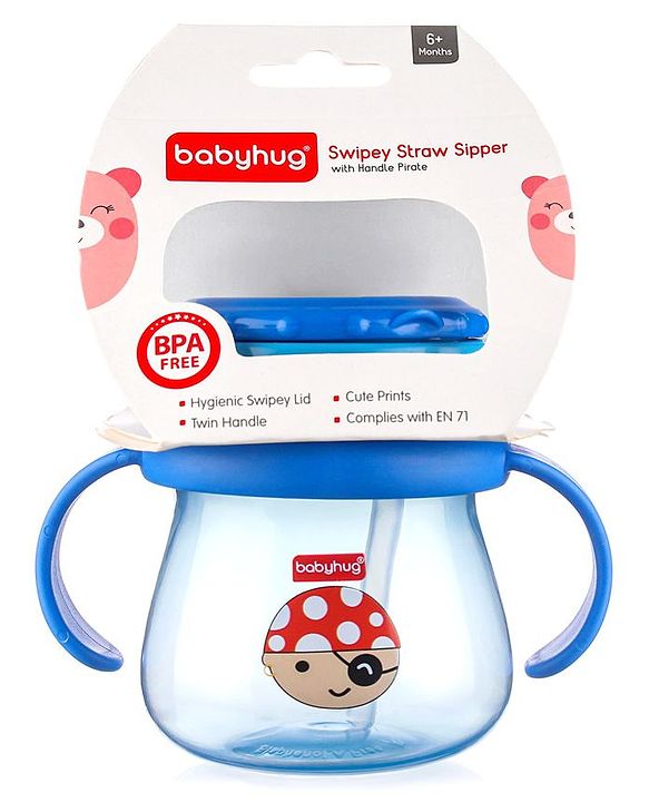 Babyhug Swipey Straw Sipper With Handle Pirate Print  Blue - 250 ml
