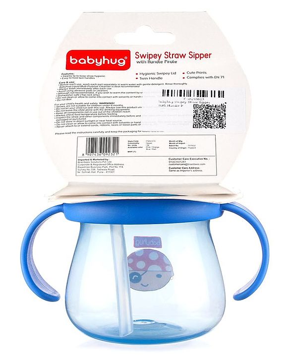 Babyhug Swipey Straw Sipper With Handle Pirate Print  Blue - 250 ml