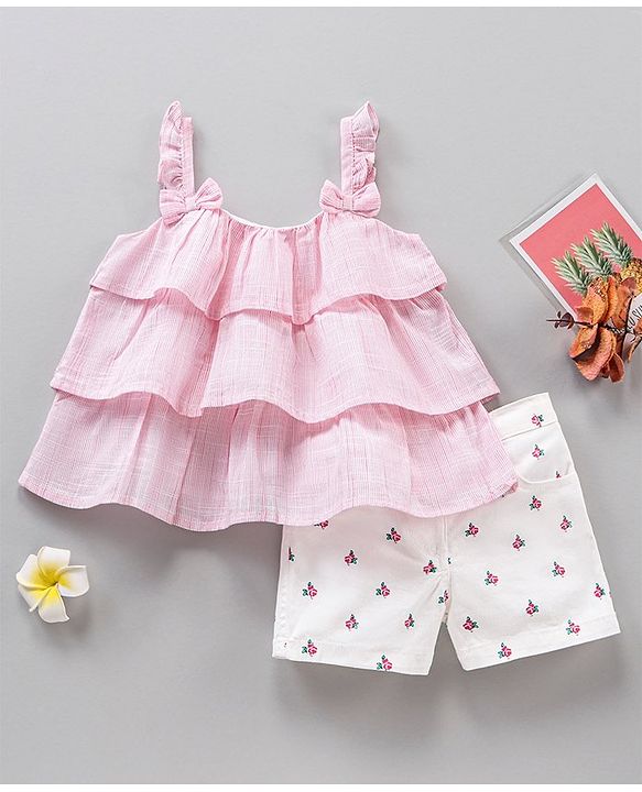 Babyhug Singlet Top & Shorts Floral Print - Pink White