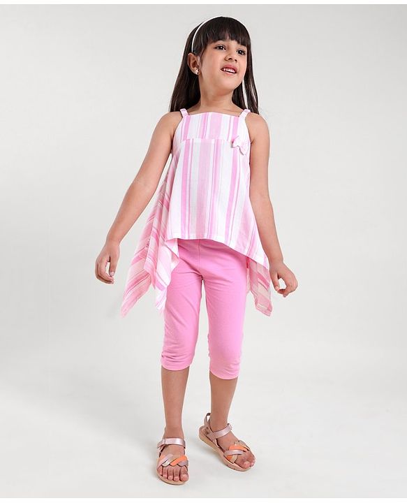 Babyhug Sleeveless Striped Top and Capris With Bow Applique - Pink