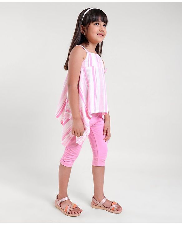 Babyhug Sleeveless Striped Top and Capris With Bow Applique - Pink