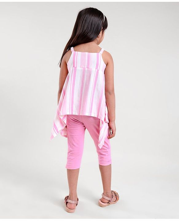 Babyhug Sleeveless Striped Top and Capris With Bow Applique - Pink