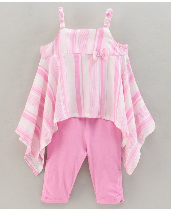 Babyhug Sleeveless Striped Top and Capris With Bow Applique - Pink