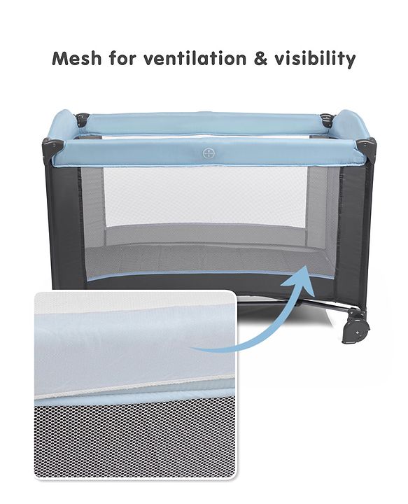 Babyhug Amaze Playpen cum Travel Cot with Mattress & Mosquito Net - Navy Blue| Easy Assembly| Compact Fold| Mesh Sides| Zipper Opening for Fun-play| Storage cum Carry Bag| Wheels with Lock