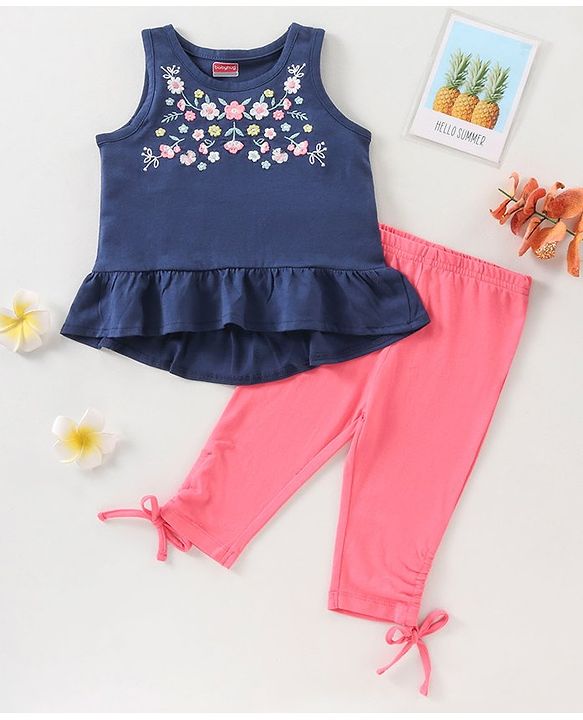 Babyhug Sleeveless Top & Capri Floral Embroidery - Navy Blue Light Pink