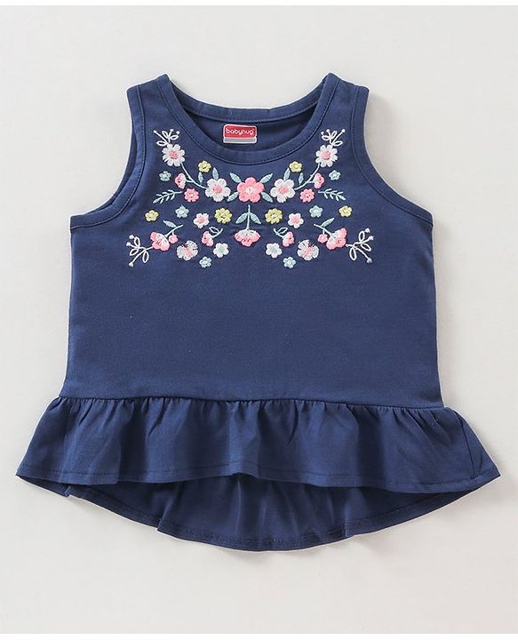 Babyhug Sleeveless Top & Capri Floral Embroidery - Navy Blue Light Pink