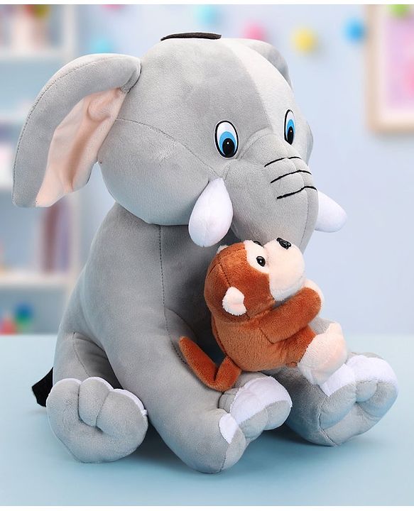 Babyhug Elephant with attached Monkey Soft Toy for Kids|Huggable Plush Animal Duo for Snuggles,Imaginative Play & Emotional Development|Cuddly Toy ideal for gifting|2+ Years|BIS|Height-30 cm