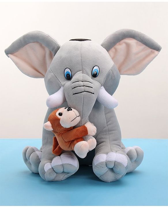 Babyhug Elephant with attached Monkey Soft Toy for Kids|Huggable Plush Animal Duo for Snuggles,Imaginative Play & Emotional Development|Cuddly Toy ideal for gifting|2+ Years|BIS|Height-30 cm
