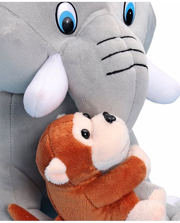 Babyhug Elephant with attached Monkey Soft Toy for Kids|Huggable Plush Animal Duo for Snuggles,Imaginative Play & Emotional Development|Cuddly Toy ideal for gifting|2+ Years|BIS|Height-30 cm