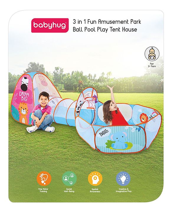 Babyhug Fun Amusement Park 3-in-1 Pool Play Tent House | Combines Tent, Ball Pool & Playhouse | Social & Creative Team Play | Inspires Imagination, Helps Develop Social Skills | Blue | BIS Certified