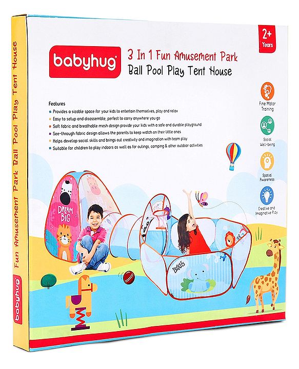 Babyhug Fun Amusement Park 3-in-1 Pool Play Tent House | Combines Tent, Ball Pool & Playhouse | Social & Creative Team Play | Inspires Imagination, Helps Develop Social Skills | Blue | BIS Certified