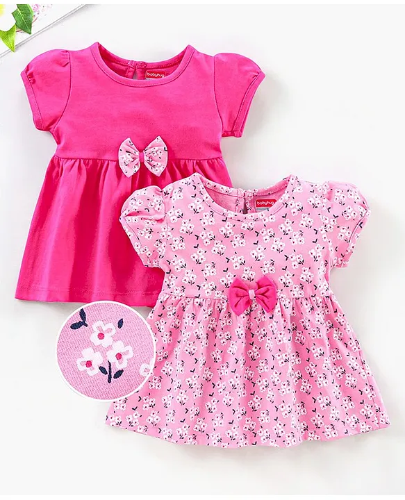 Babyhug Short Sleeves Frocks Floral Print Pack of 2 - Pink