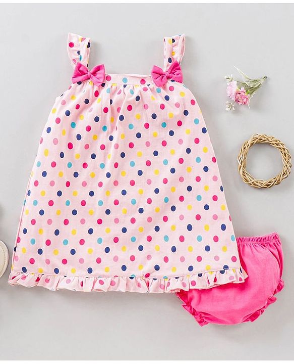 Babyhug Sleeveless A Line Polka Dot Frock With Bloomer Bow Appliques - Light Pink & Fuchsia