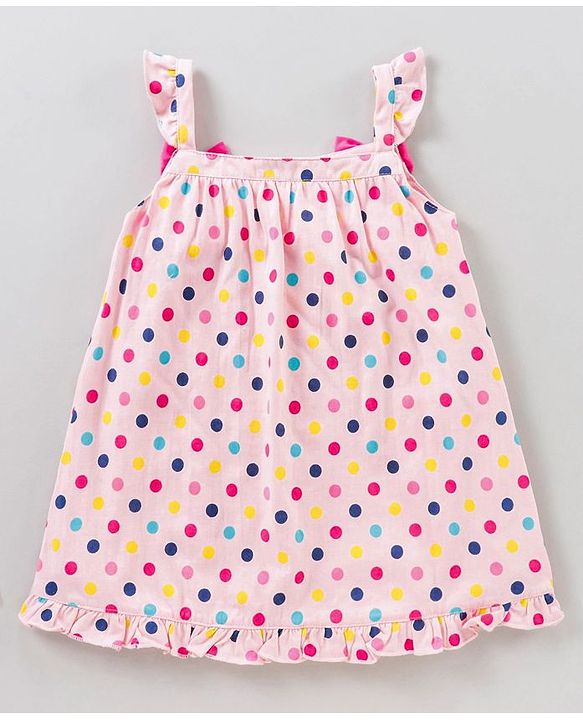 Babyhug Sleeveless A Line Polka Dot Frock With Bloomer Bow Appliques - Light Pink & Fuchsia