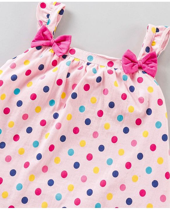 Babyhug Sleeveless A Line Polka Dot Frock With Bloomer Bow Appliques - Light Pink & Fuchsia
