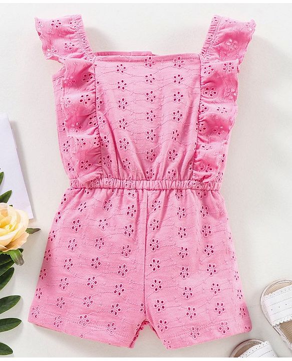 Babyhug 100% Cotton Schiffley Sleeveless Jumpsuit Solid Color - Pink