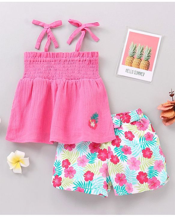 Babyhug Sleeveless Solid Top & Printed Shorts Set- Pink