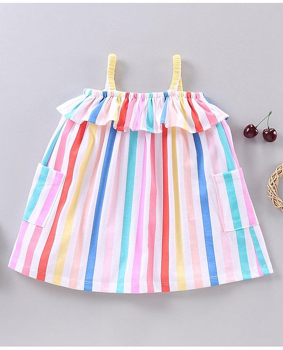 Babyhug Sleeveless 100% Cotton Striped Frock -  Multicolor