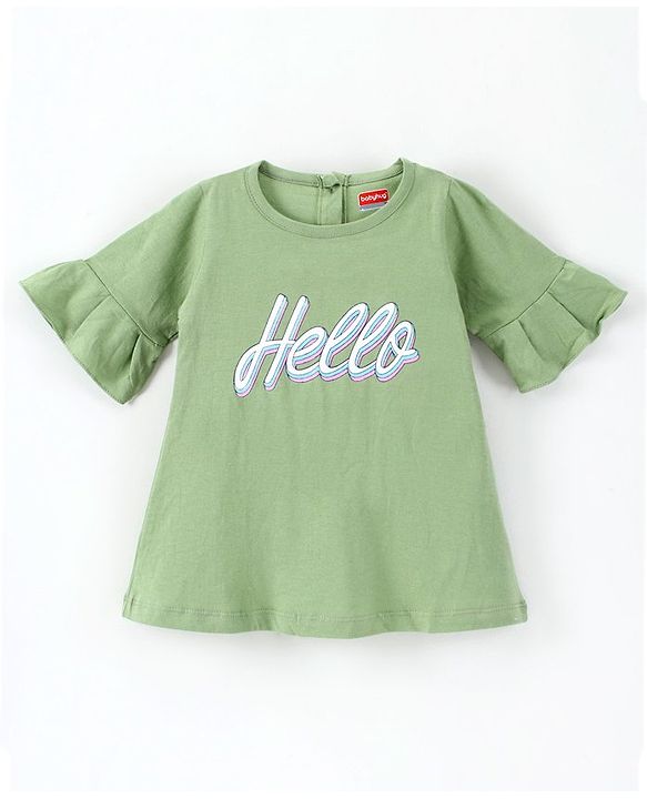 Babyhug 100% Cotton Half Sleeves Frock Hello Print - Green