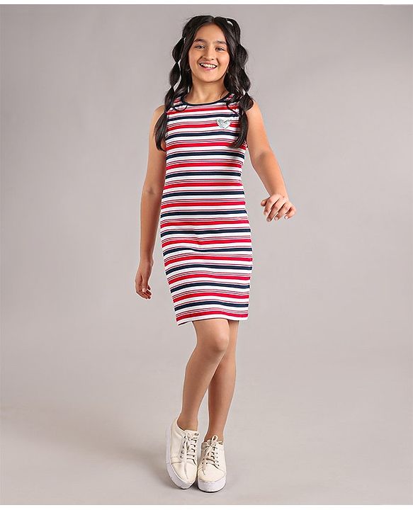 Pine Kids Sleeveless Bio Wash Striped Frock - Red