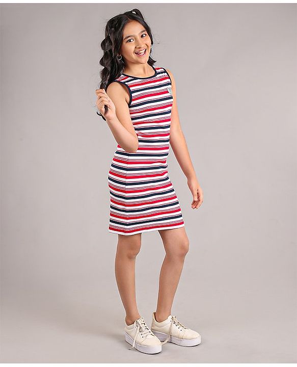 Pine Kids Sleeveless Bio Wash Striped Frock - Red