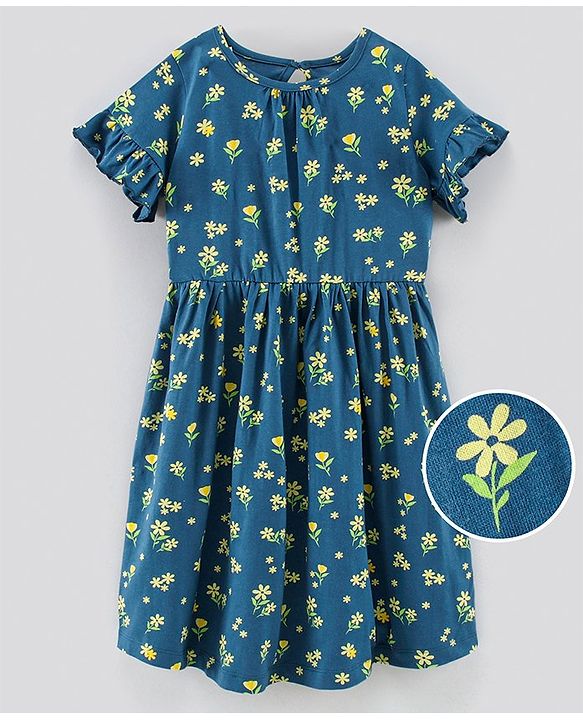 Pine Kids Half Sleeves Bio Washed Frock Floral Print - Blue