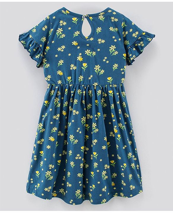 Pine Kids Half Sleeves Bio Washed Frock Floral Print - Blue
