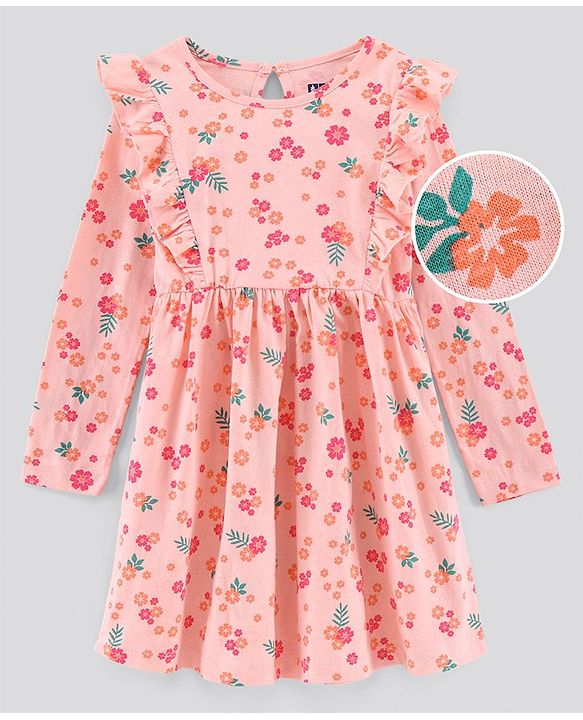 Pine Kids Full Sleeves Bio Washed Frock Floral Print - Peach