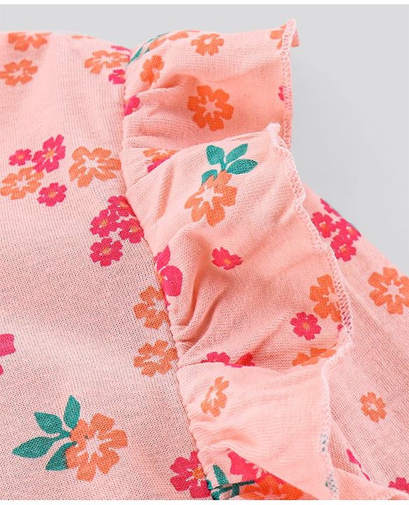 Pine Kids Full Sleeves Bio Washed Frock Floral Print - Peach