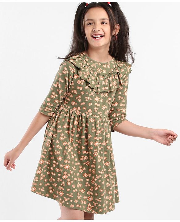 Pine Kids Full Sleeves Bio Washed Frock Floral Print - Green