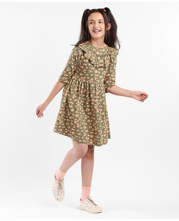 Pine Kids Full Sleeves Bio Washed Frock Floral Print - Green