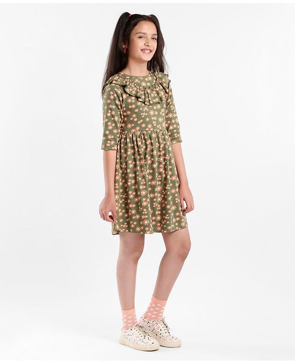 Pine Kids Full Sleeves Bio Washed Frock Floral Print - Green