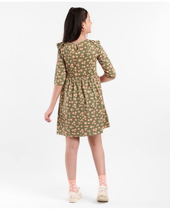 Pine Kids Full Sleeves Bio Washed Frock Floral Print - Green