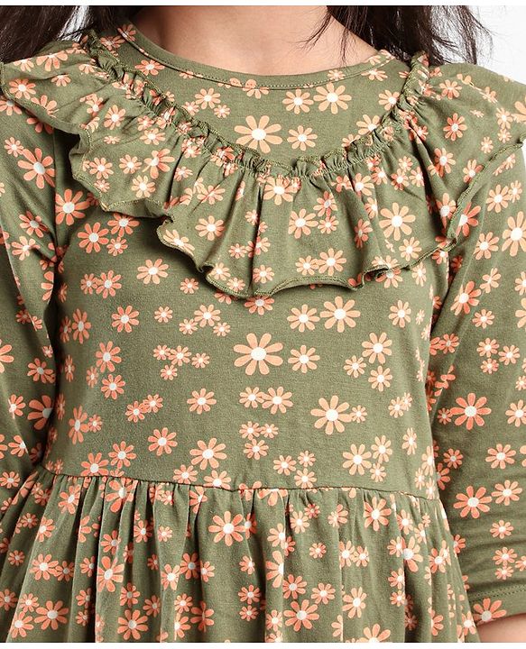 Pine Kids Full Sleeves Bio Washed Frock Floral Print - Green